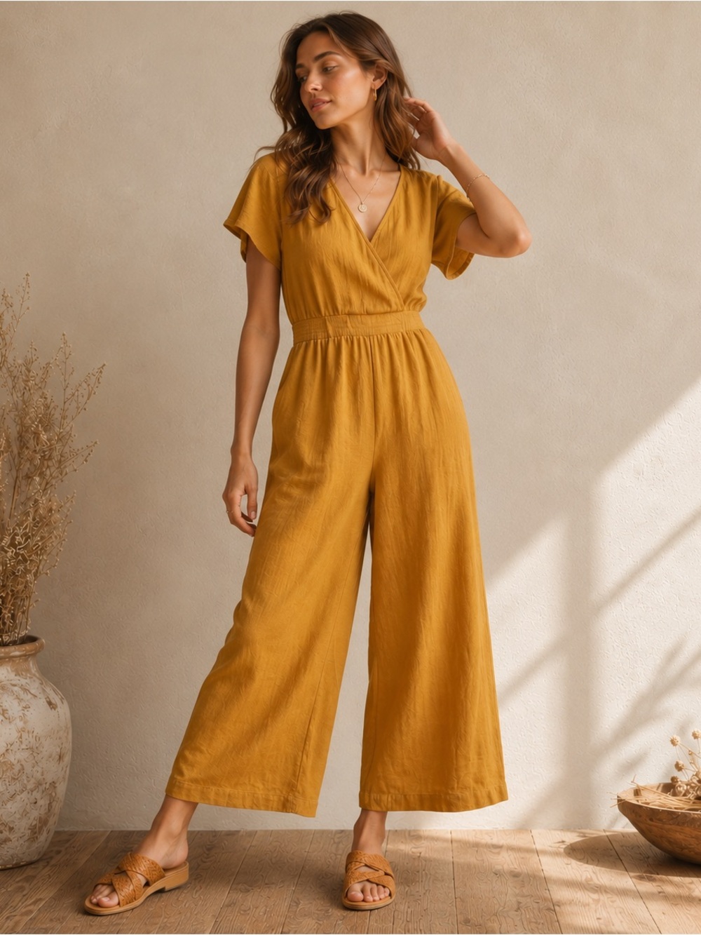 Madewell Texture & Thread Wrap Jumpsuit Gold Brown Sz M Smocked Waist Wide Leg